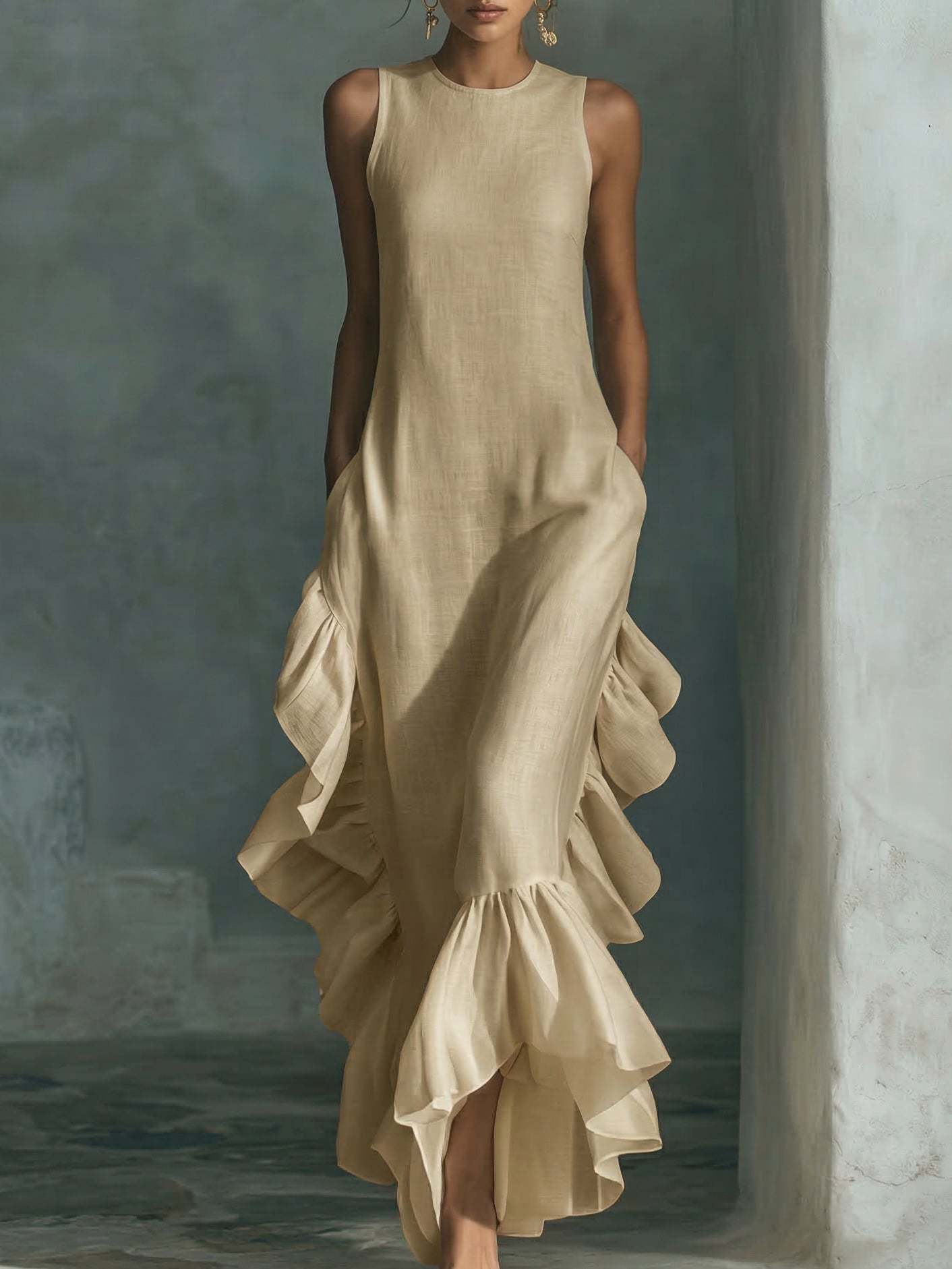 Sleeveless Ruffled Linen Maxi Dress