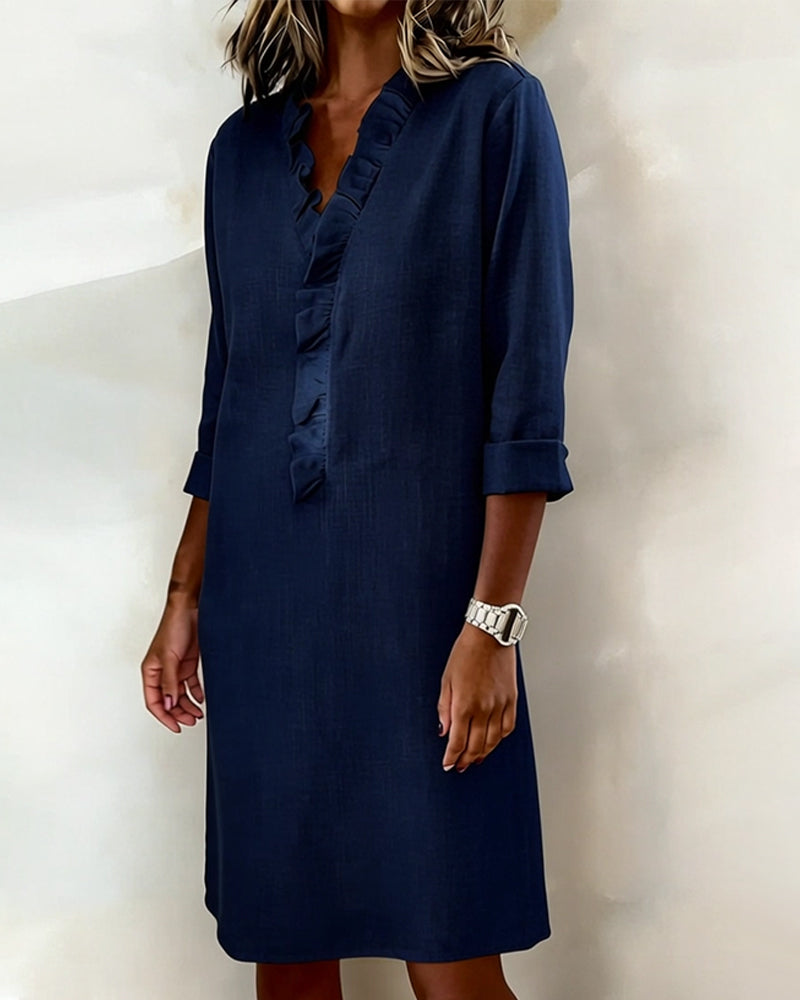 Ruffled V-Neck Solid Color Dress