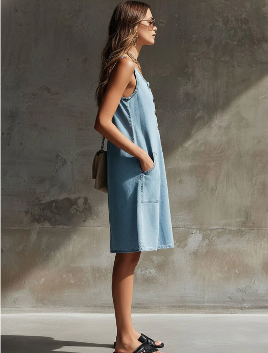 Popular European And American Cross-Border Casual And Elegant Solid Color Denim Sleeveless Round Neck Button Mini Dress Amazon Hot