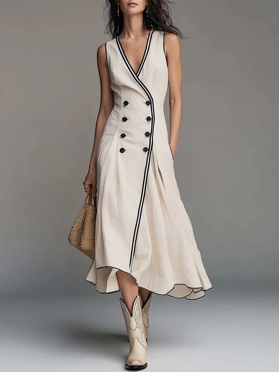 Women's Retro Art Stylish Button Casual No Sleeve Cotton Linen Dress