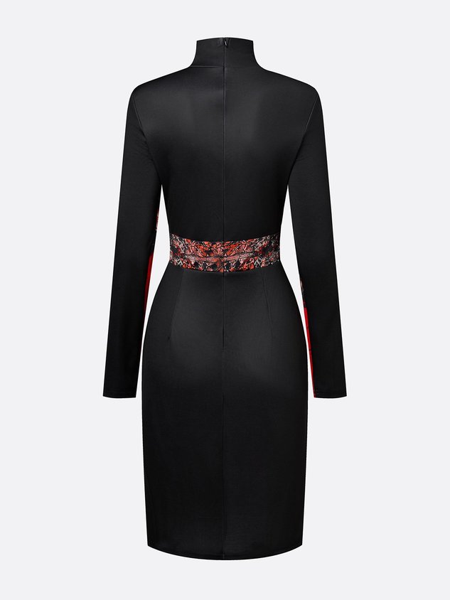 Elegant Stand Collar Jersey Midi Dress Long Sleeve