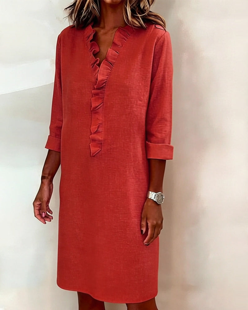 Ruffled V-Neck Solid Color Dress