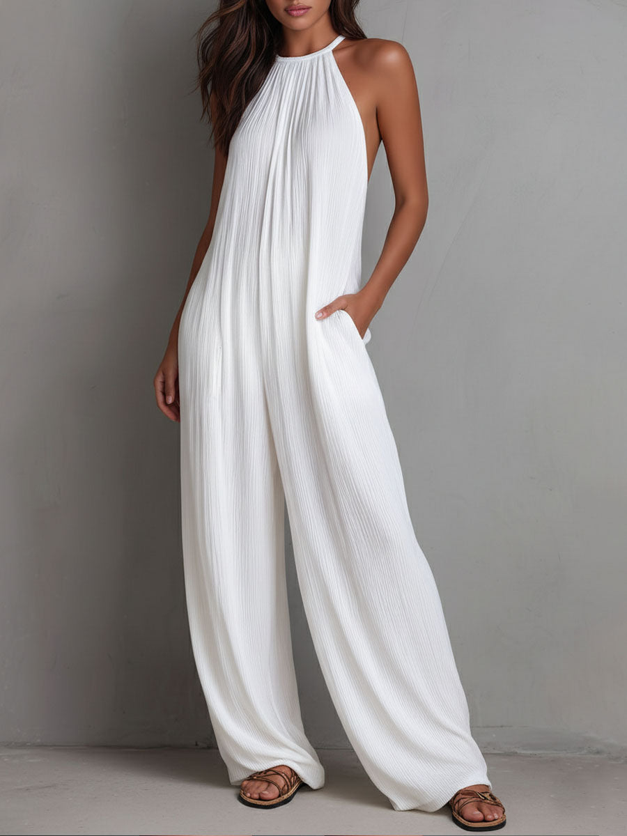 Resort White Pleated Halter Wide-Leg One-Piece Jumpsuit