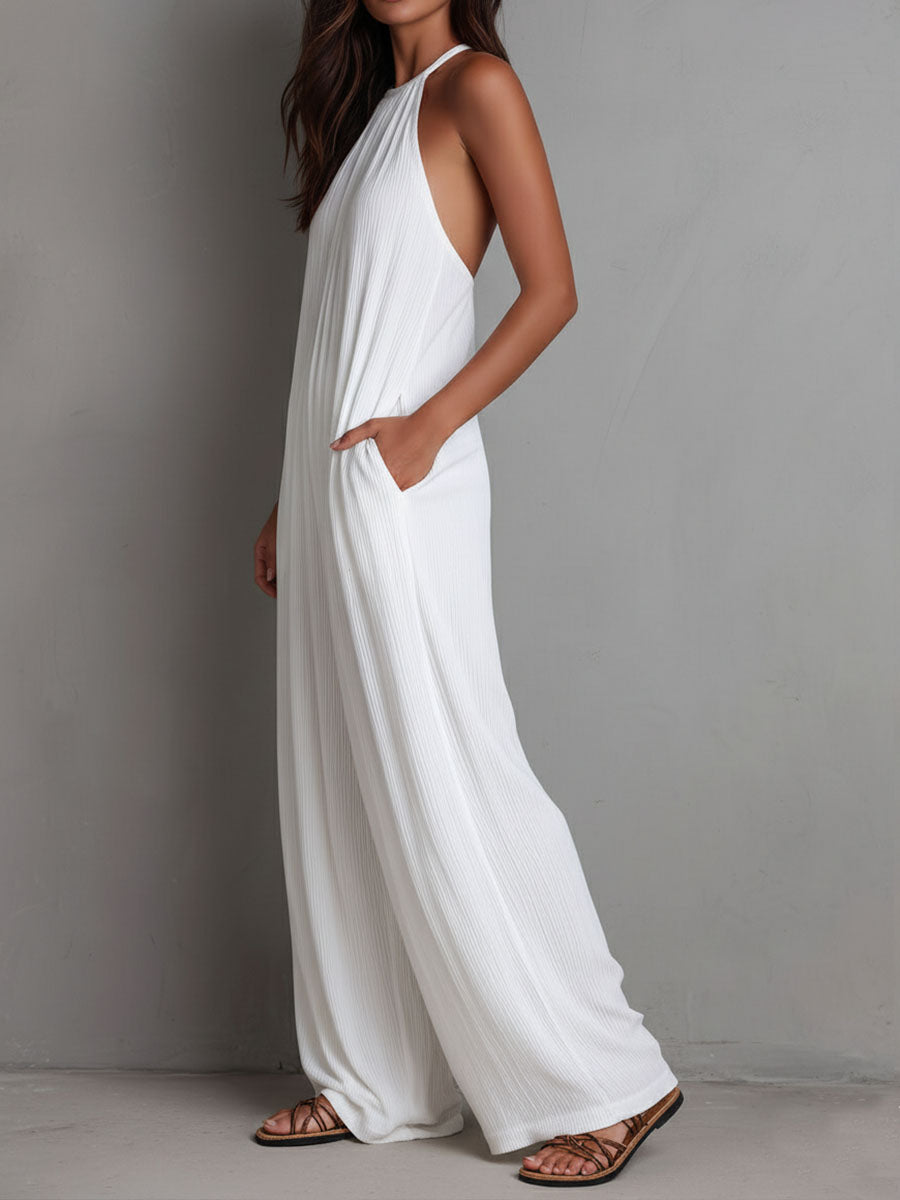 Resort White Pleated Halter Wide-Leg One-Piece Jumpsuit