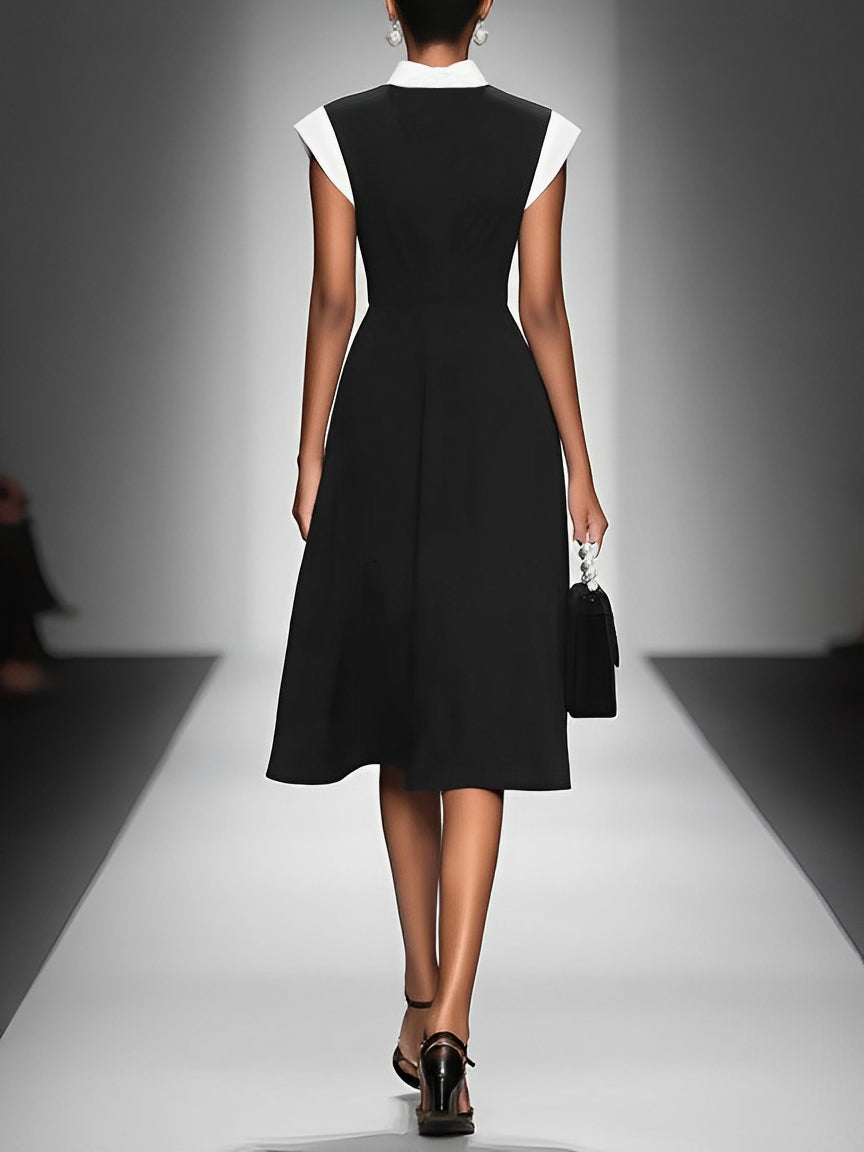 Women's Colorblock Square Neck Cap Shoulder Sleeve Waist Midi Dress 