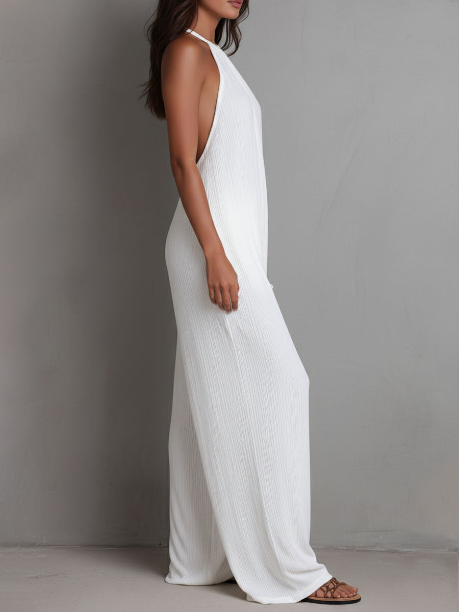 Resort White Pleated Halter Wide-Leg One-Piece Jumpsuit