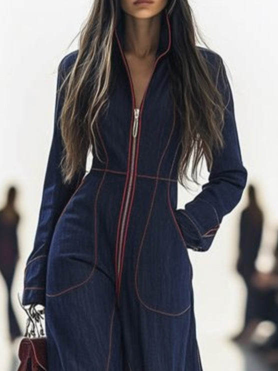 Long Sleeves Wide Leg Zipper Stand Collar Jumpsuits