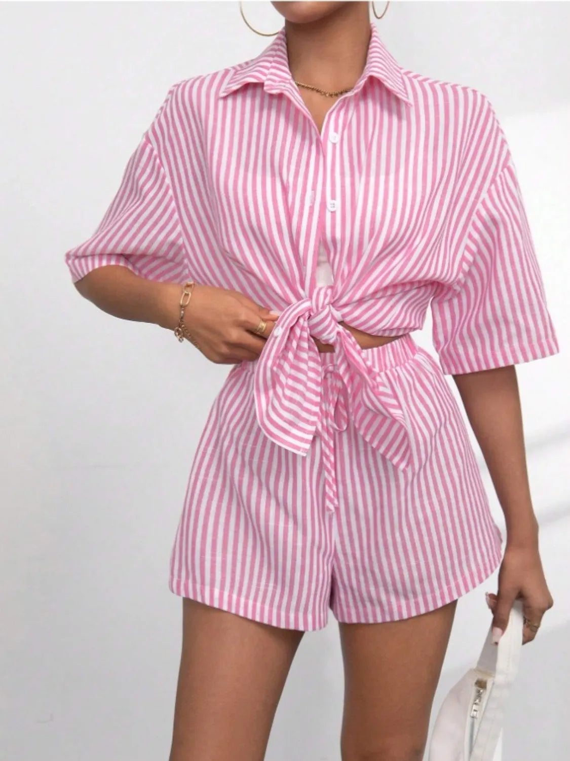 Caitlin Striped Button Up Shirt and Shorts Set