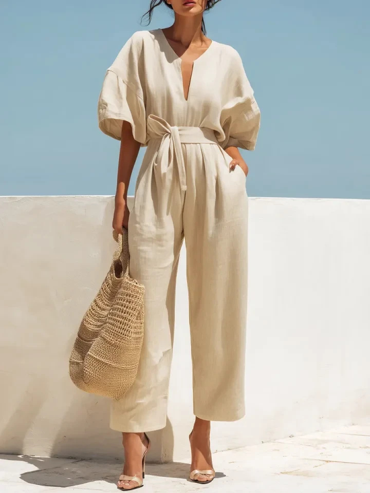 2026 European And American Amazon Cross-Border Independent Station Summer New Elegant And Fashionable V-Neck Solid Color Cotton And Linen Jumpsuit For Women