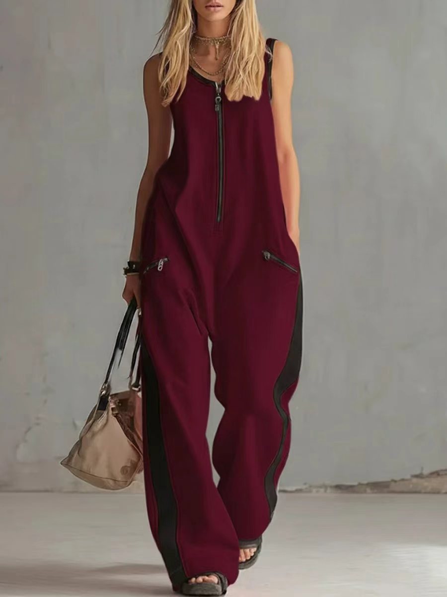 2026 Cross-Border European And American Summer New Amazon Independent Station Foreign Trade Zipper Round Neck Sleeveless Casual Cotton Wide Leg