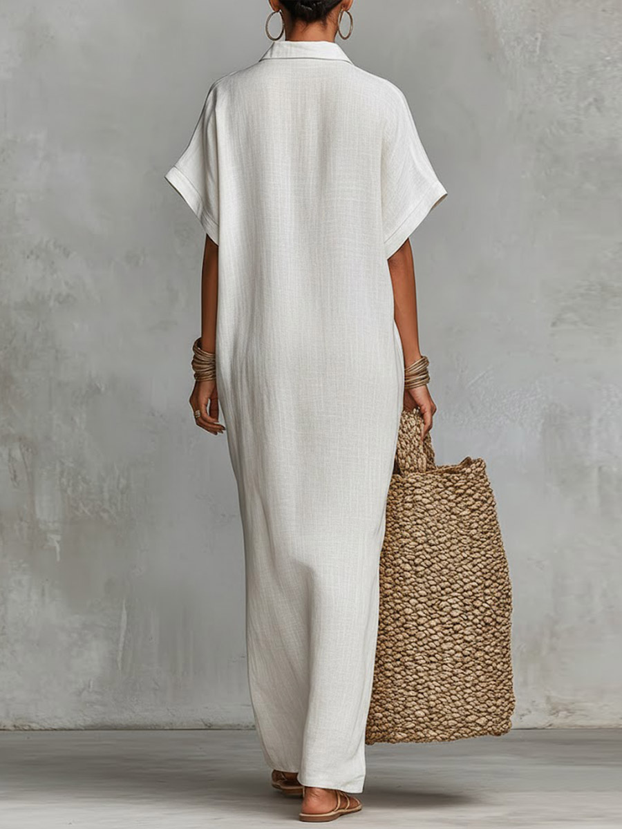 Women's Solid Color Collared Short-sleeved Casual Loose Linen Dress