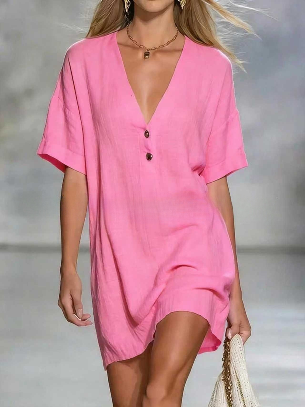 🌿 Effortless Chic Linen-Blend V-Neck Shirt Dress