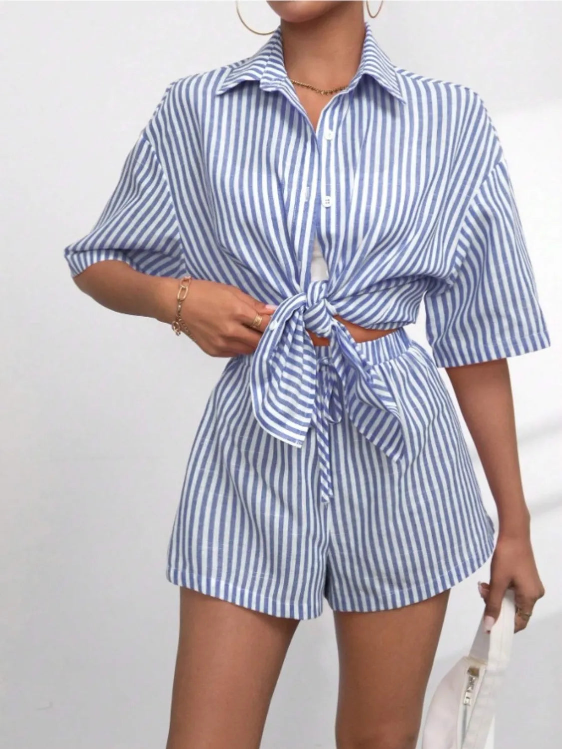 Caitlin Striped Button Up Shirt and Shorts Set