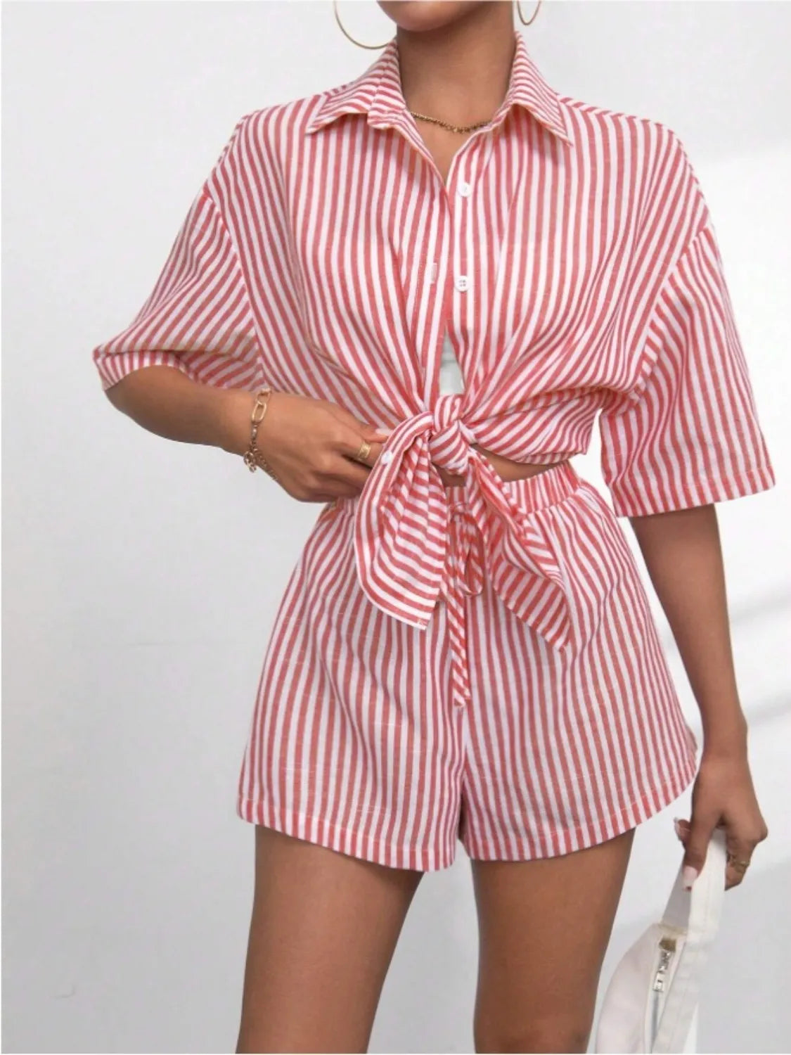 Caitlin Striped Button Up Shirt and Shorts Set