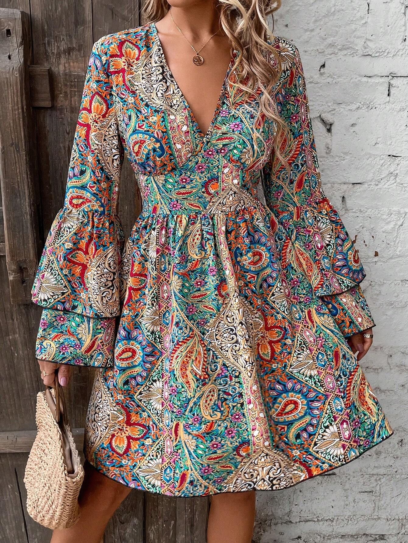 Multicolor 1970s Bohemian Paisley Floral Bell Sleeve Dress