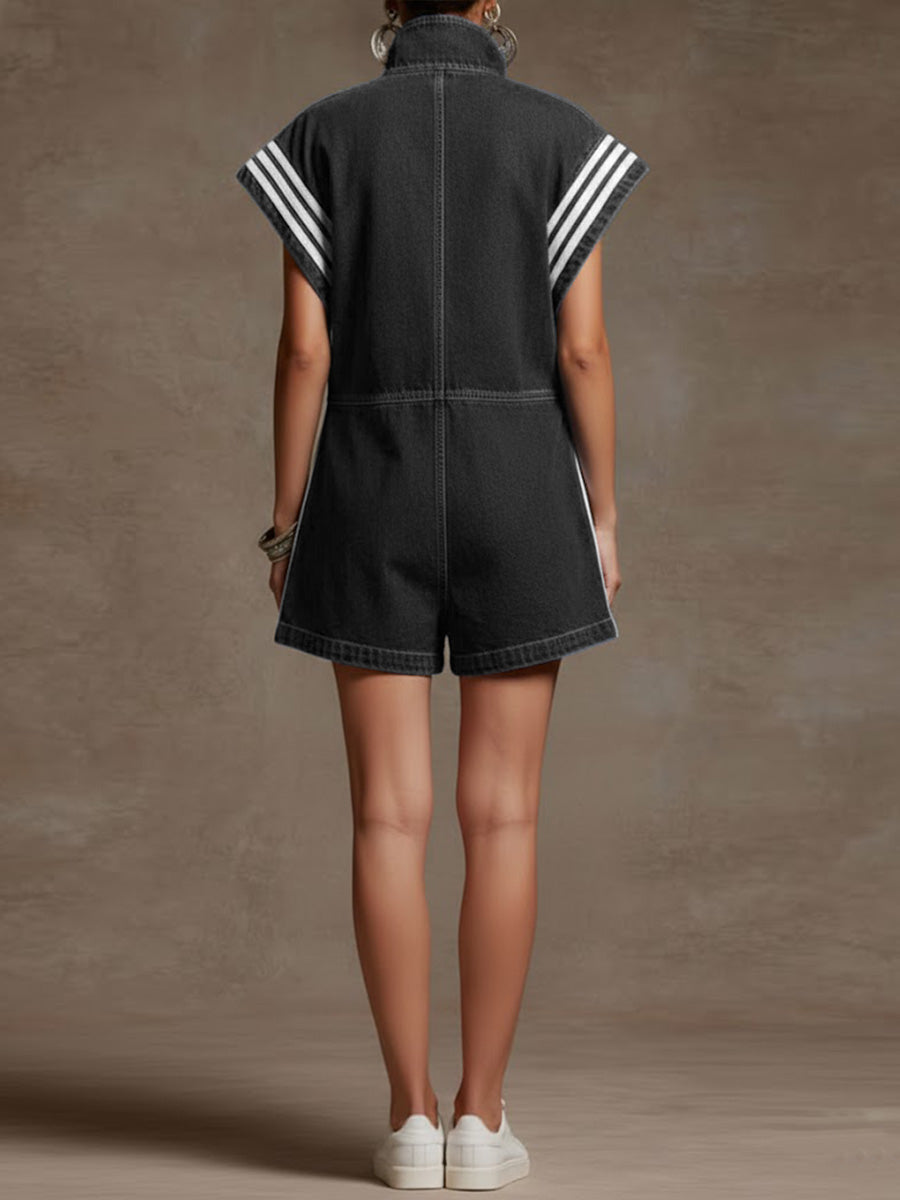 Loose Sleeveless Contrast Color Drawstring Pockets Split-Joint Striped Zipper Stand Collar Rompers