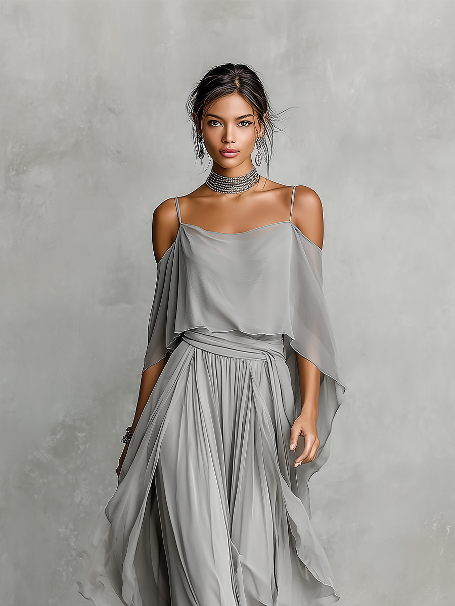 Women's Grey Breathable Chiffon Maxi Dress With Cold-Shoulder Detail & Flared Silhouette,