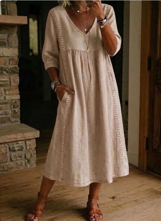 Elegant Linen-Blend V-Neck Midi Dress with Lace Inserts & Pockets | Casual Summer Dress for Women