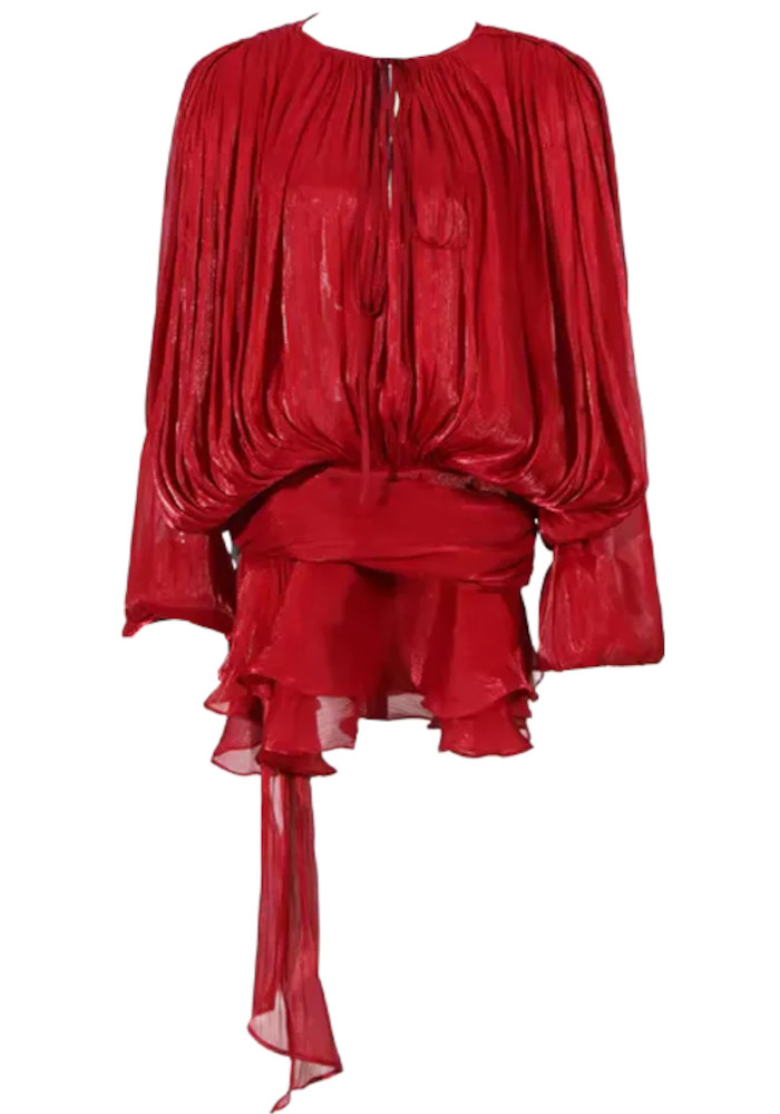 Long Sleeve Draped Ruffle Two Piece Dress Red