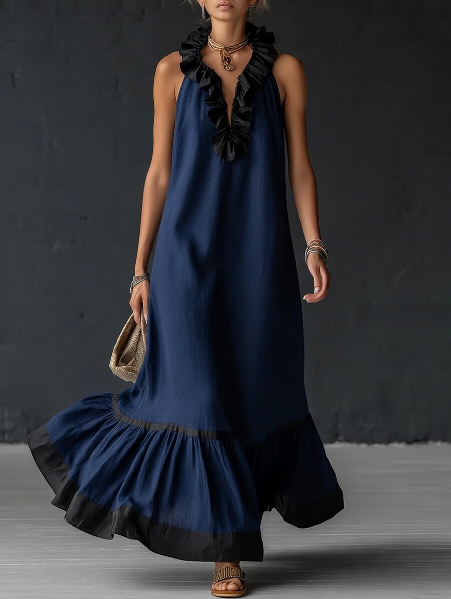 Stylish Simple Sleeveless Color-blocked Ruffled V-neck Cotton Linen Maxi Dress