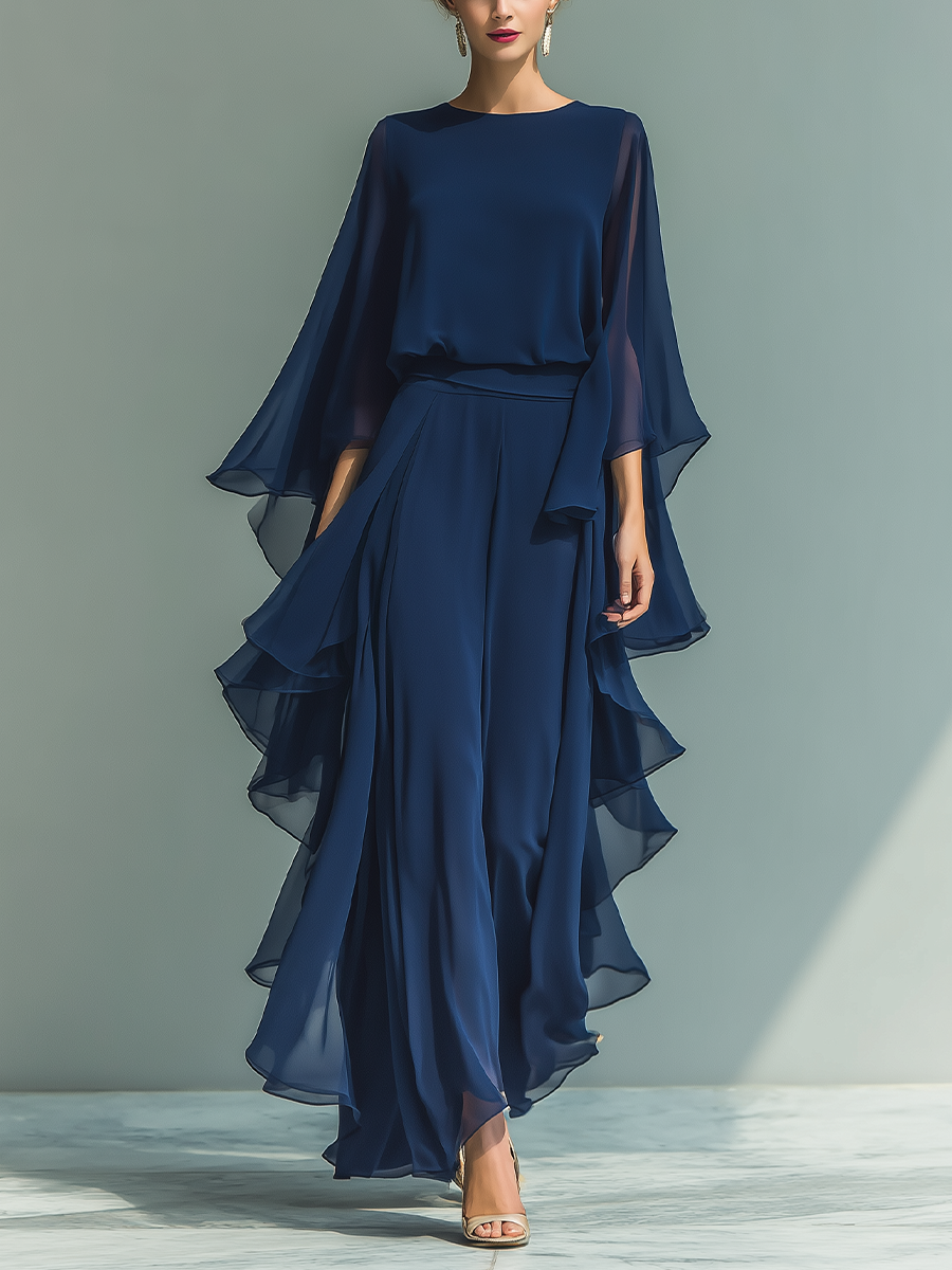 Women's Navy Blue Chiffon Top With Flared Sleeves And Straight-leg Trousers Set With Ruffled Details 