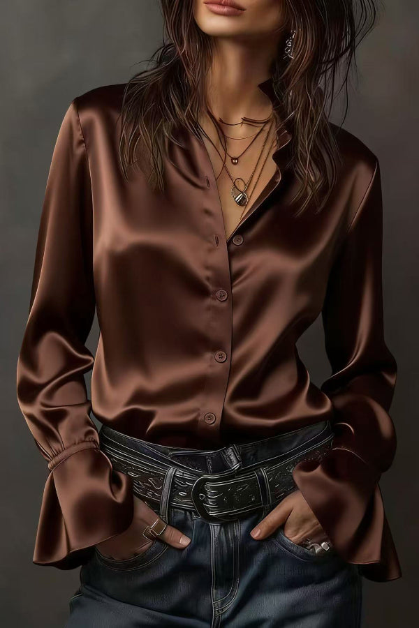 Solid Color Satin Casual Long-sleeved Button-down Shirt