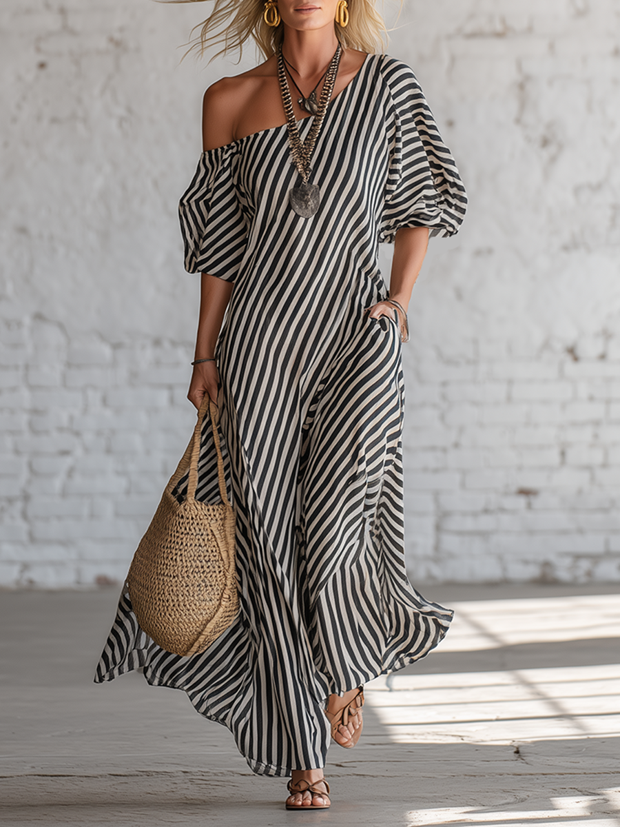 Urban Black Chiffon Striped Print Off Shoulder Maxi Dress