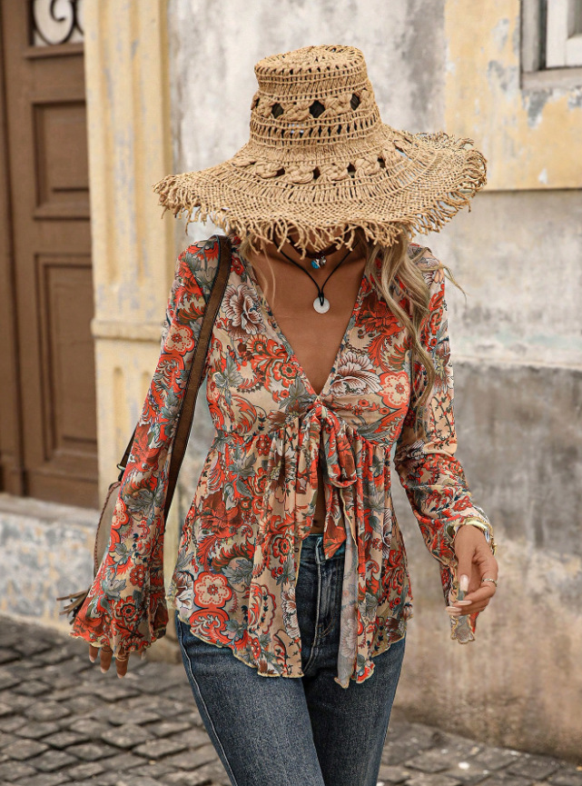  Orange Boho Women's Paisley Print Mesh Long Sleeve Tie Front Asymmetric top