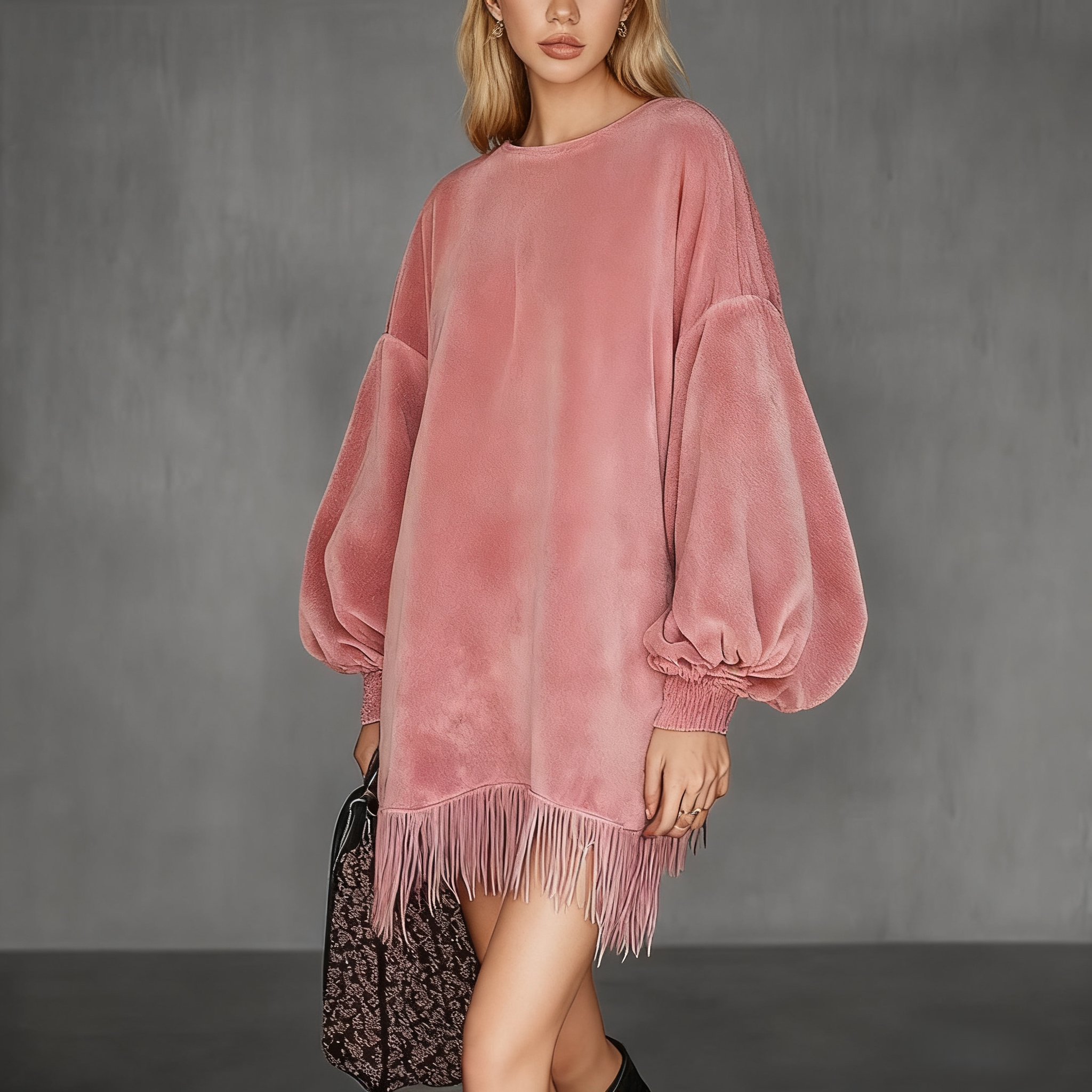 Women's Pink Retro Velvet Stand Collar Fringe Dress