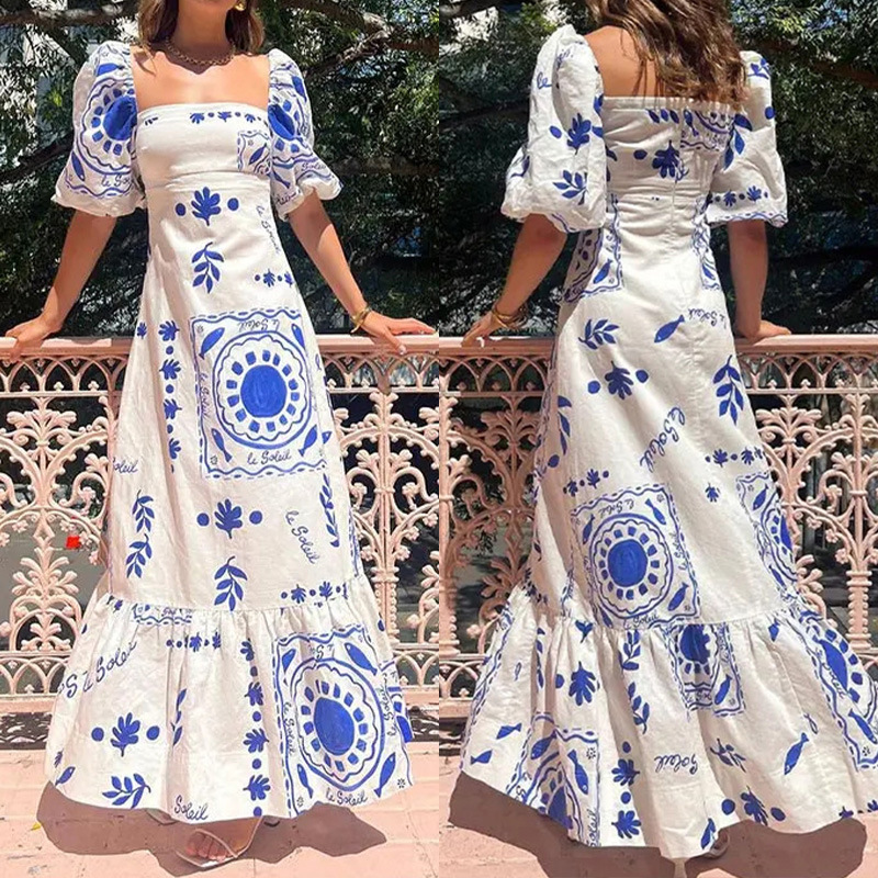 Linen Blend Unique Print Square Neck Bubble Sleeve Maxi Dress