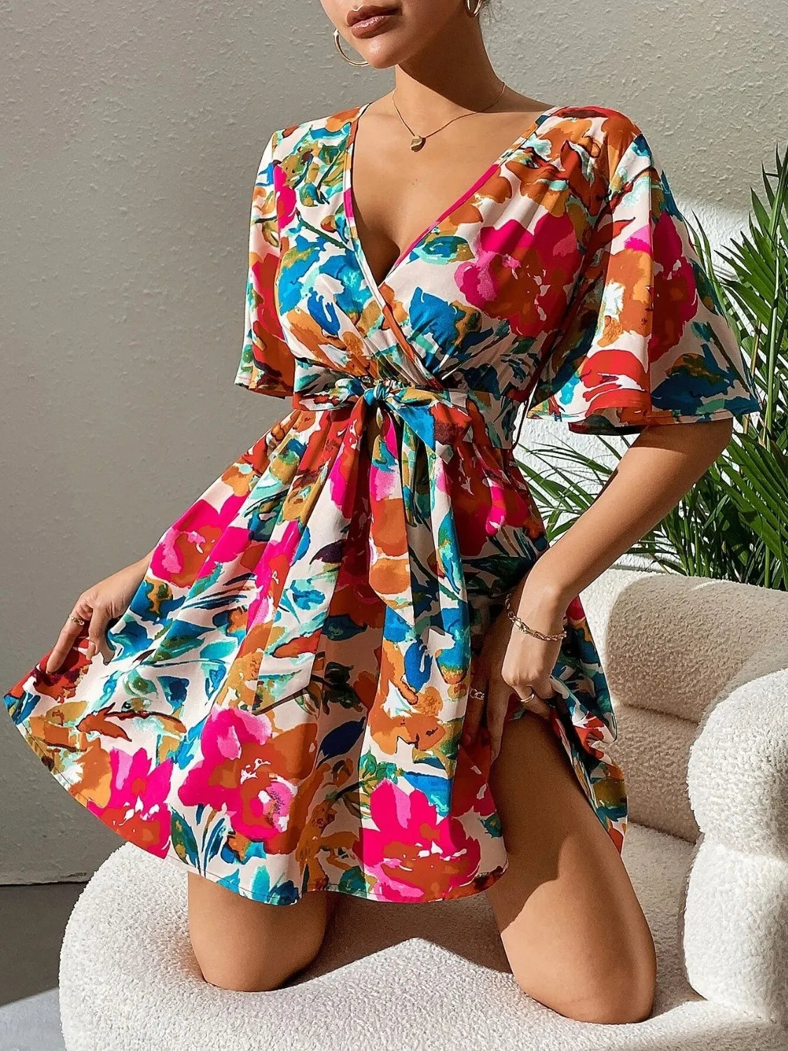 Printed Surplice Short Sleeve Mini Dress