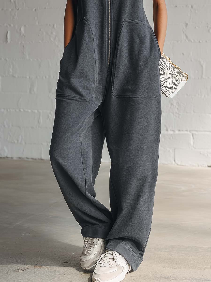 Vintage Nautical Sporty Hooded Sleeveless Front-zip Dark Gray Cotton Jumpsuit