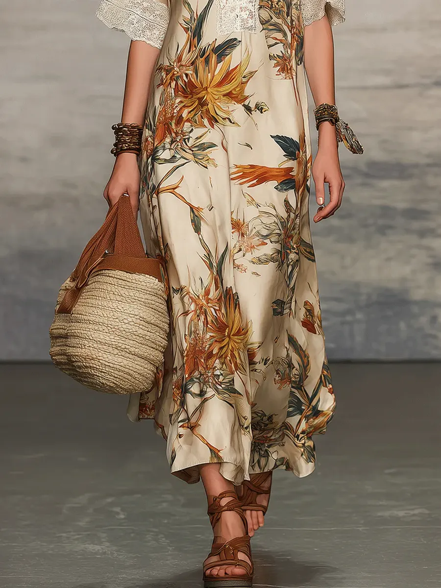 Women's Retro Floral Art Casual Stylish Short Sleeve Dress