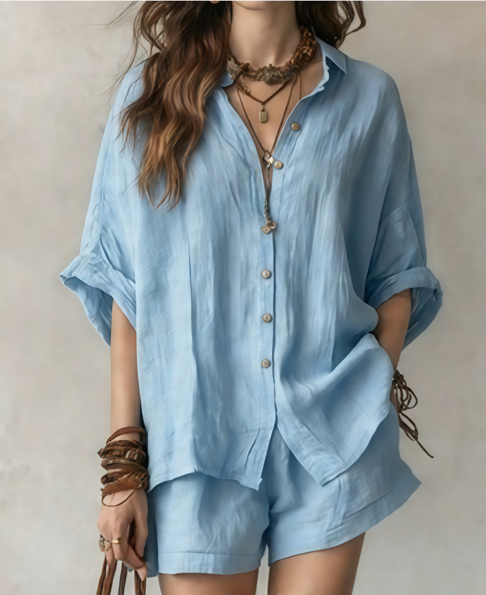 Oversized Linen Blend Button-Down Shirt & Shorts Set | Casual Breathable Two-Piece Outfit for Women
