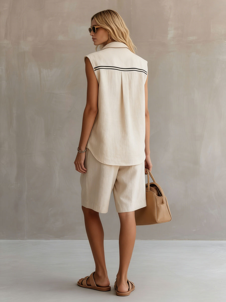 Casual Retro Apricot Cotton Linen Sleeveless Striped Shirt And Shorts Set