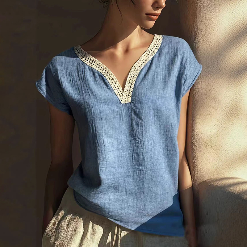 VChics Boho Vintage Lace V-neck Cotton Blend Shirt