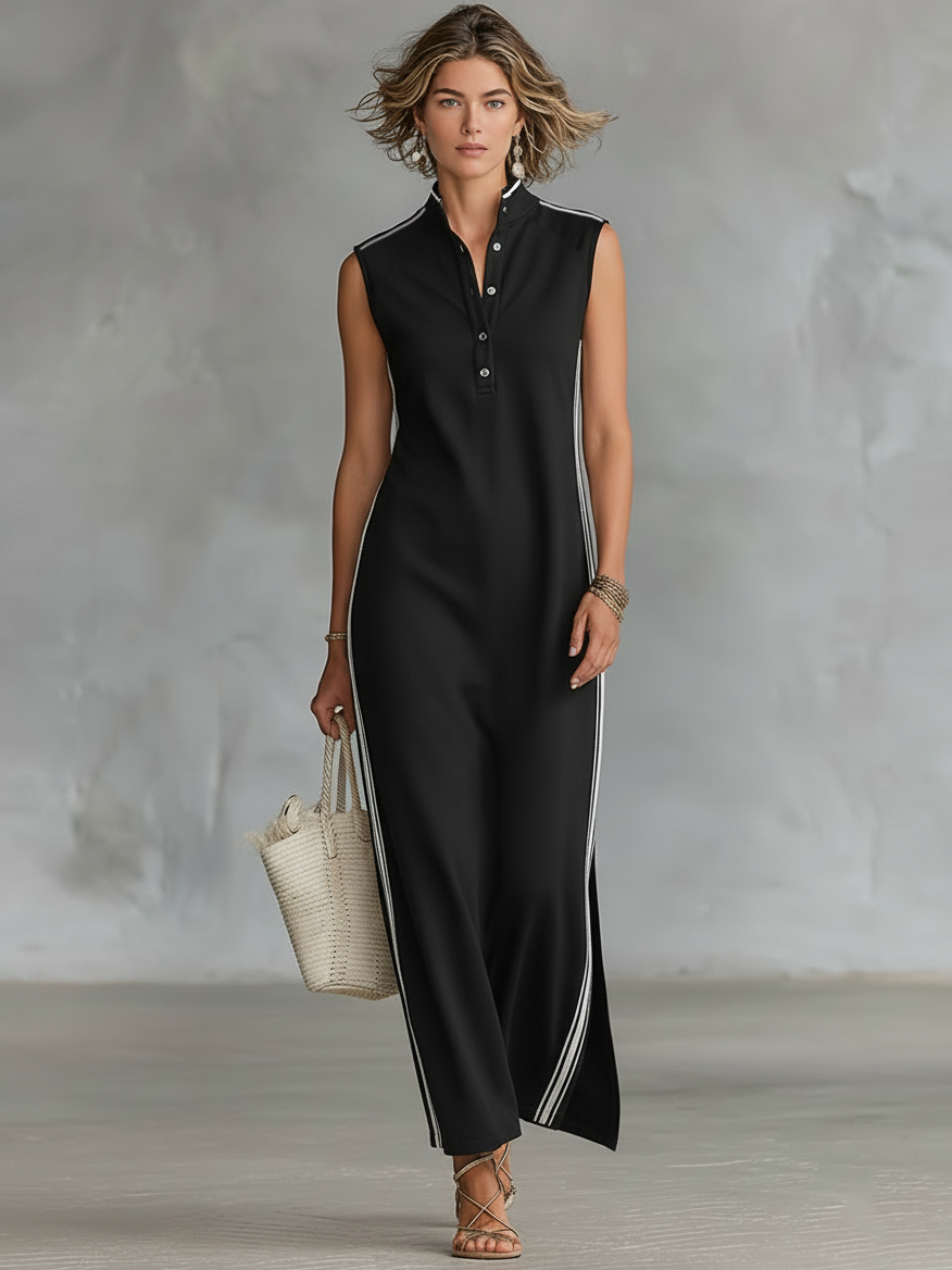 Women's Minimalist Athletic-Style Sleeveless Henley Maxi Dress 