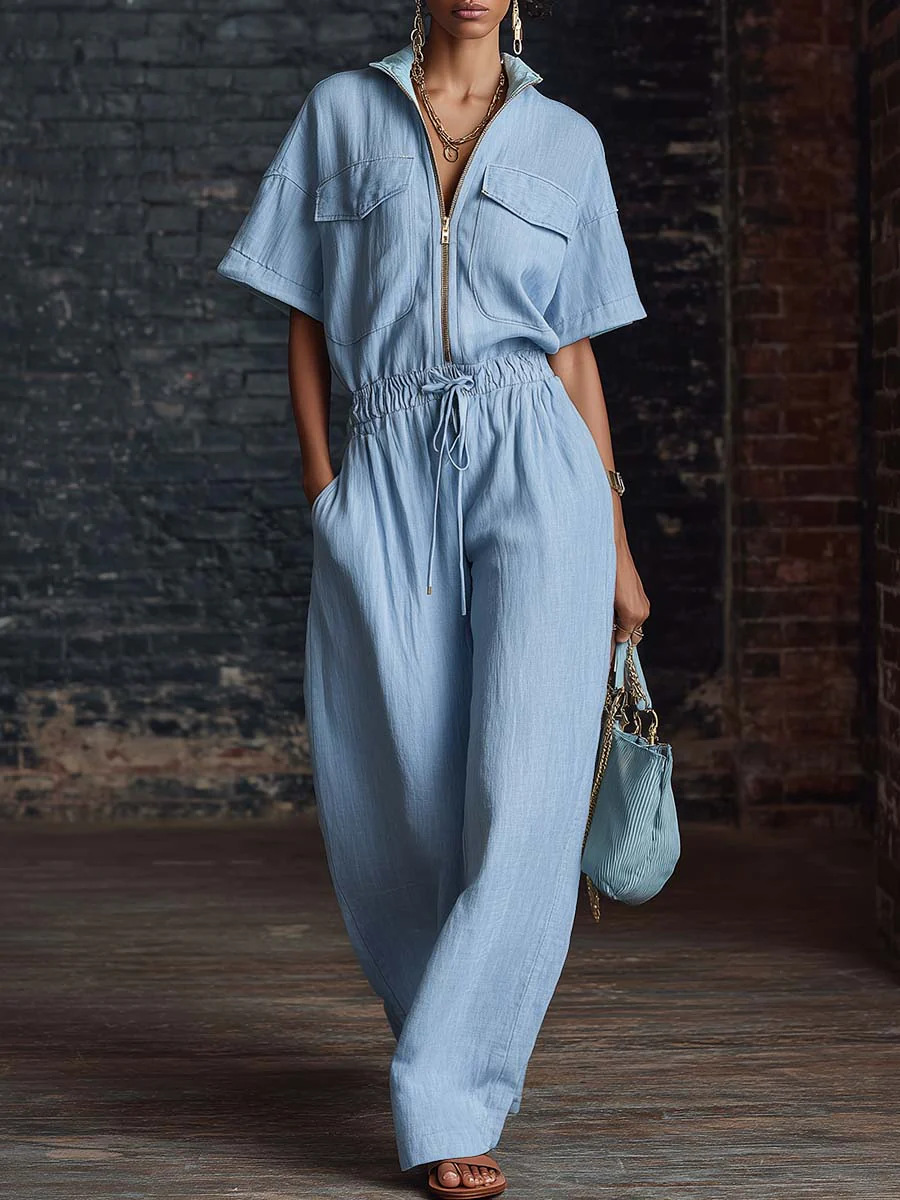  Stand Collar Sleeveless Casual Loose Cotton And Linen Jumpsuit