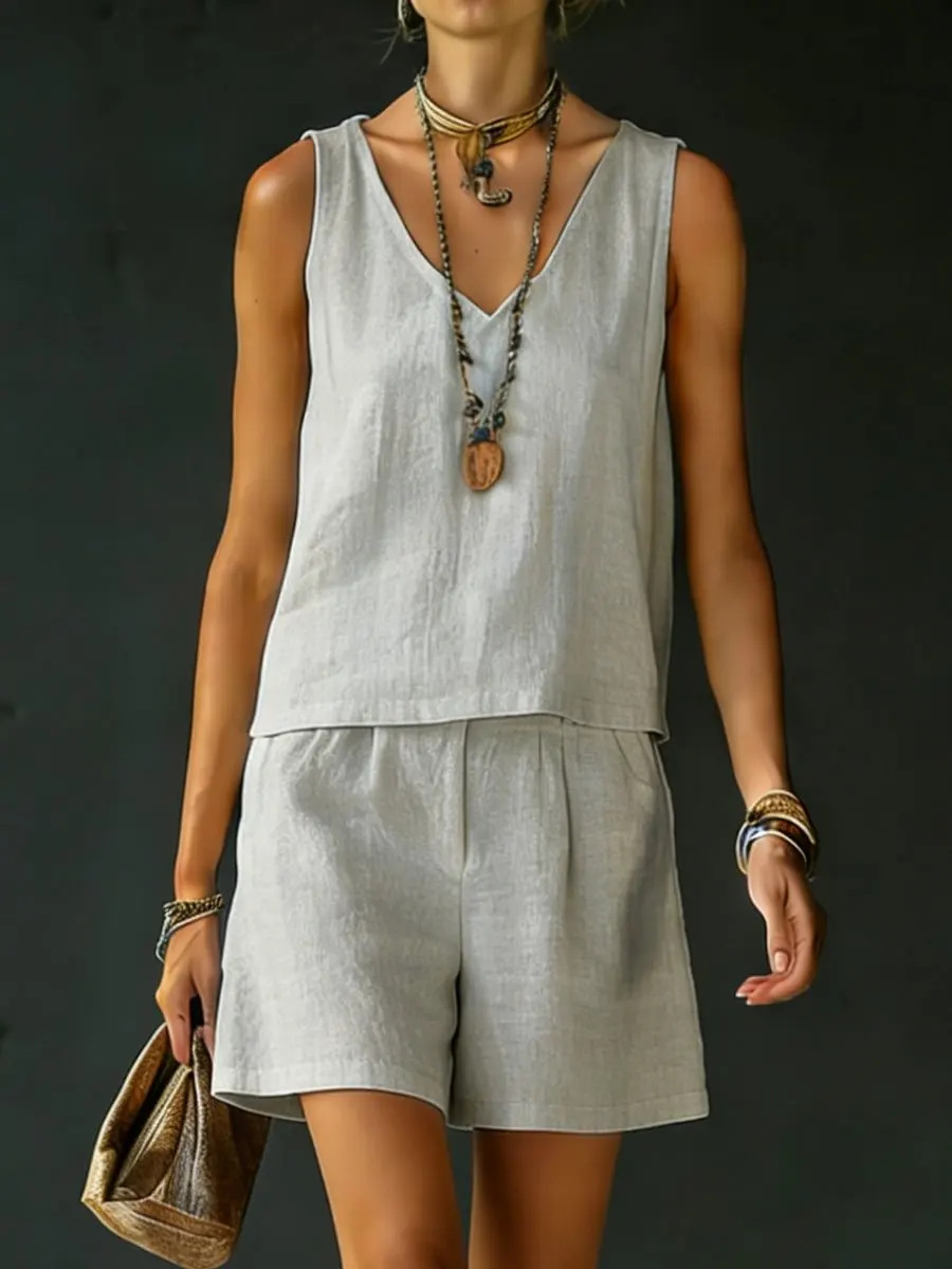 2026 Amazon Independent Station European And American Cross-Border Spring And Summer New Cotton And Linen Fashion Casual Vest Shorts Suit For Women