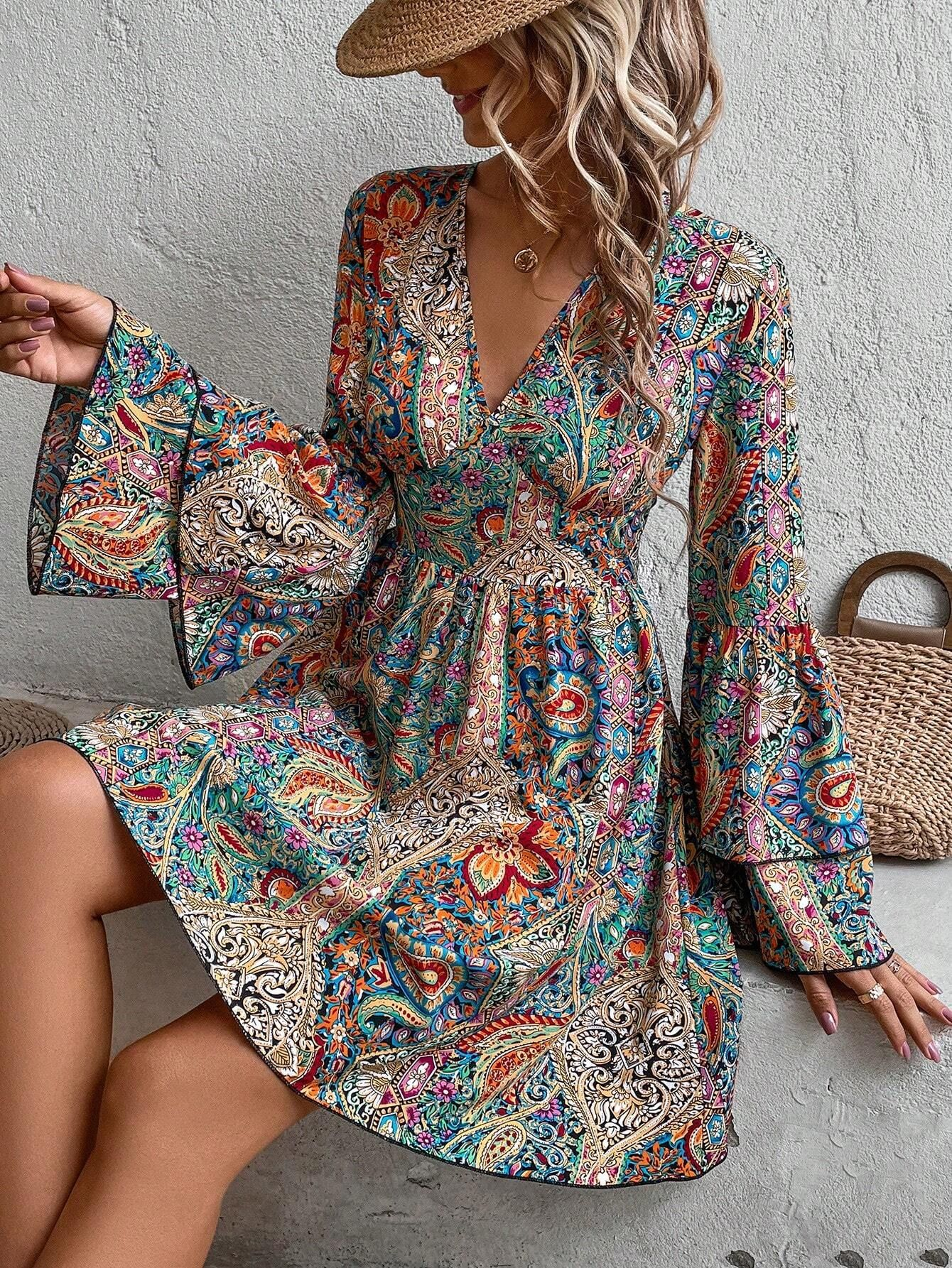 Multicolor 1970s Bohemian Paisley Floral Bell Sleeve Dress