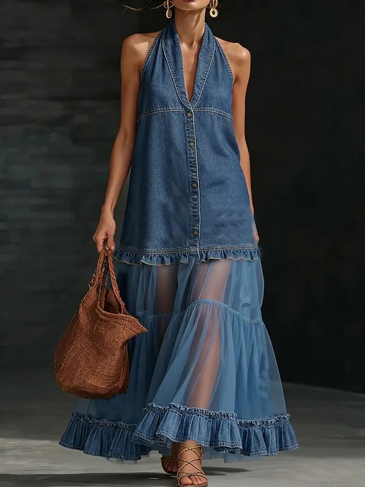 Stylish Elegant Organza Paneled Denim Maxi Dress