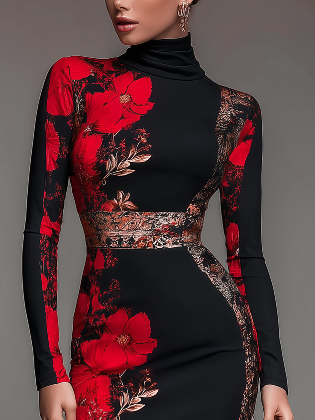 Elegant Stand Collar Jersey Midi Dress Long Sleeve