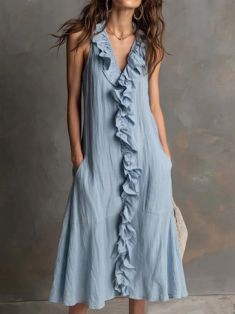 Sleeveless Ruffled Linen Maxi Dress