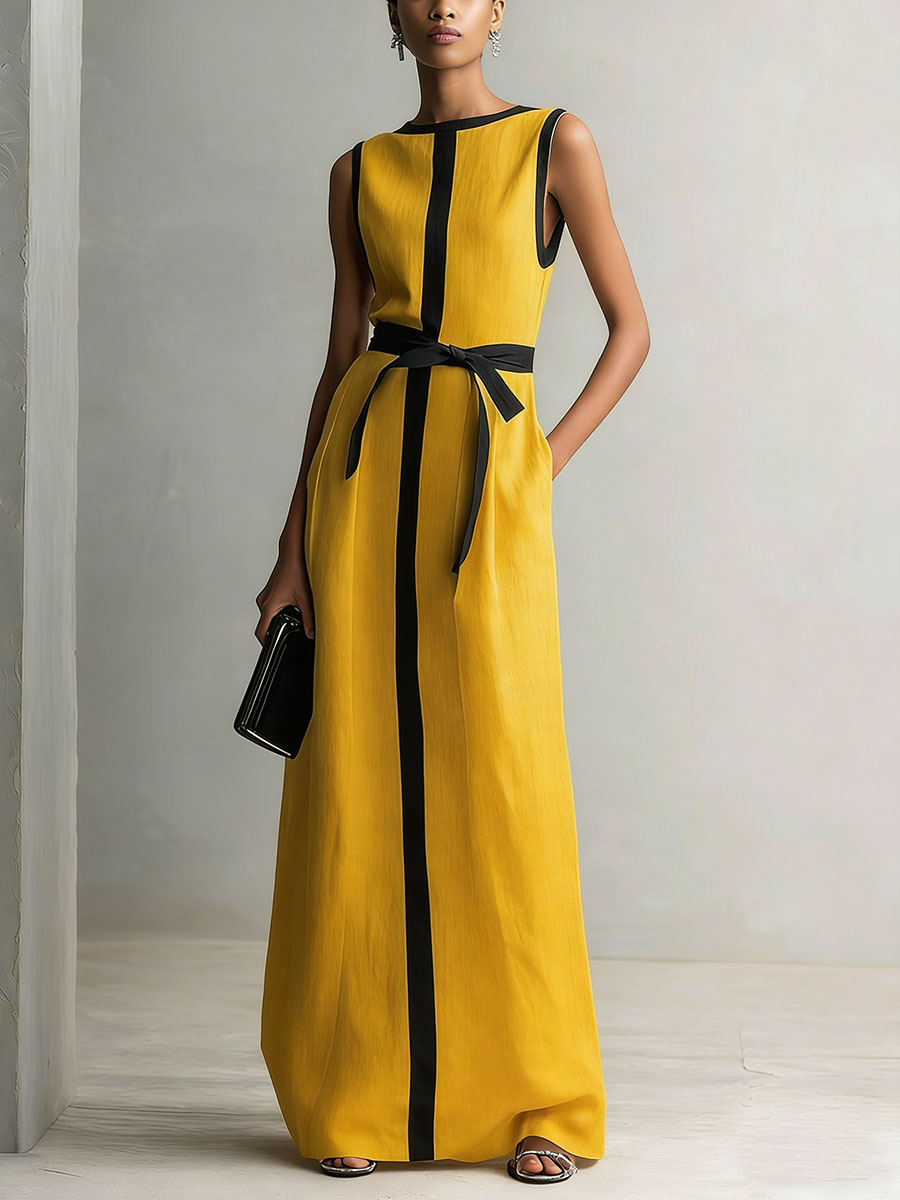 Women's Round Neck Sleeveless Casual Loose Cotton Linen Dress