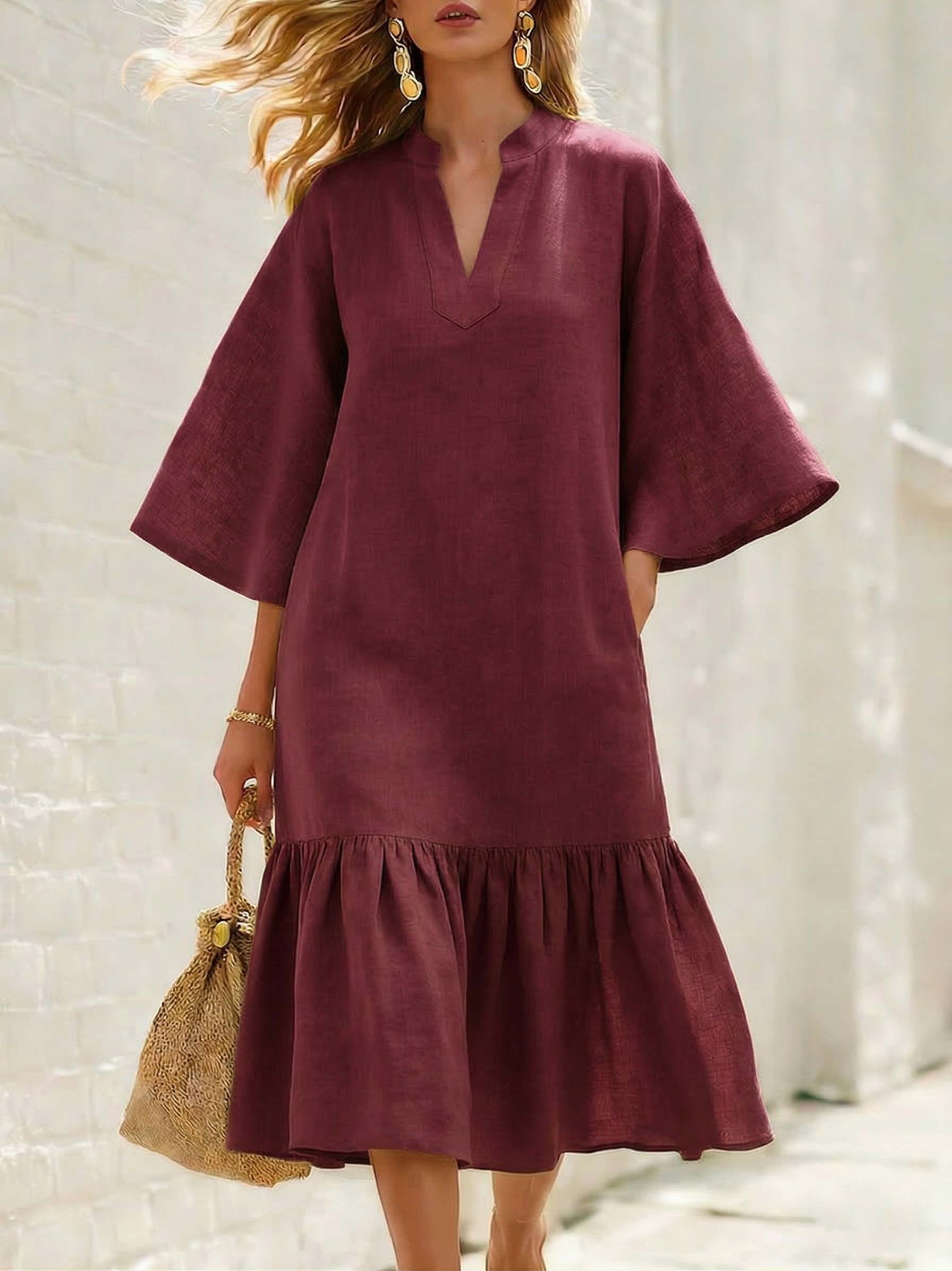 Minimalist & Elegant Flared Sleeves Loose Cotton-linen Dress