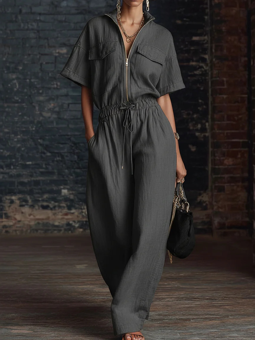  Stand Collar Sleeveless Casual Loose Cotton And Linen Jumpsuit