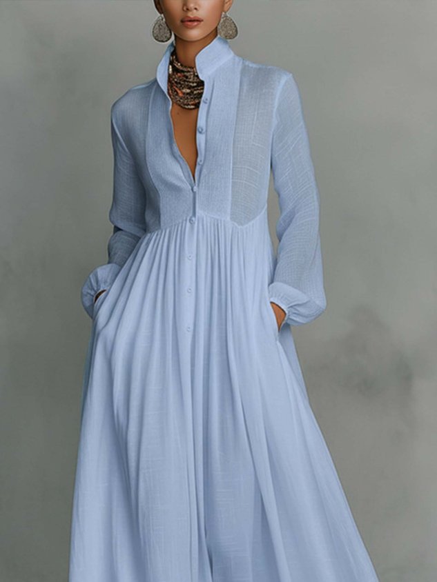 Casual Cotton Linen Maxi Dress High Waist Stand Collar Daily