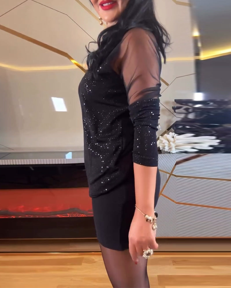 Sexy V-Neck Mesh And Solid Color Sequin Dress