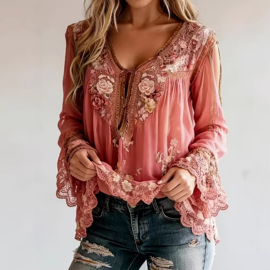 Floral Pattern V Neck Semi-Transparent Long Sleeve Blouse