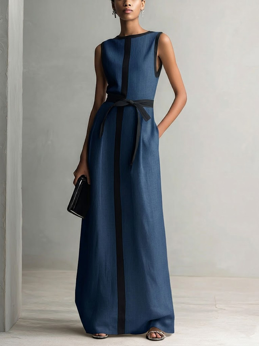 Women's Round Neck Sleeveless Casual Loose Cotton Linen Dress